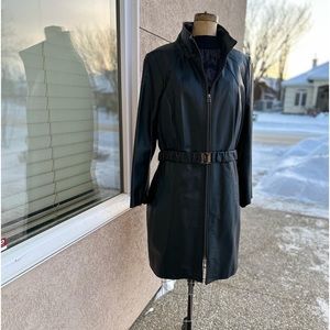 Classic Black Leather Zip-Front Women's Coat with Belt